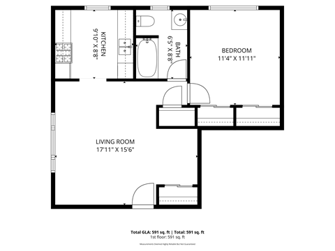 Floor plan for 1 bed, 1 bath, 630 sqft